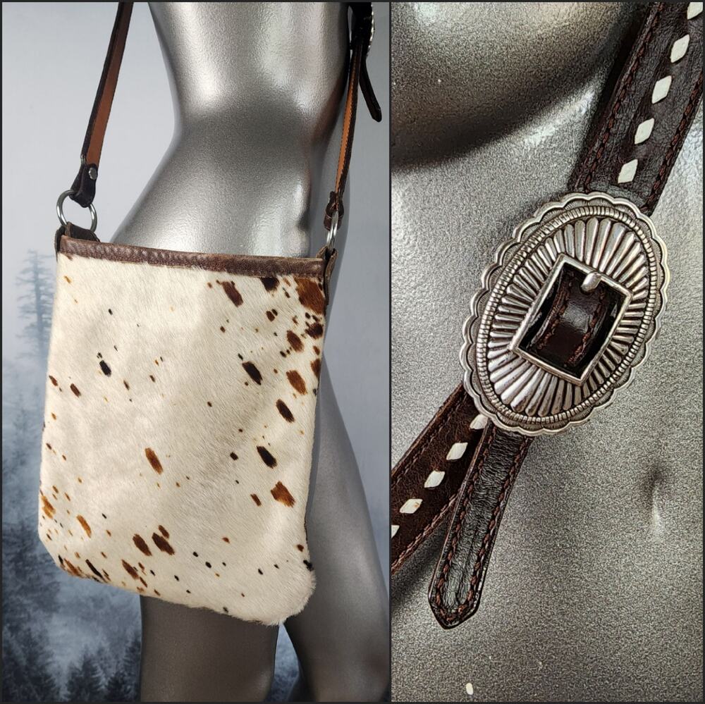 Running Roan Tack Cowhide and Brown Leather Belt Buckle Crossbody Purse
